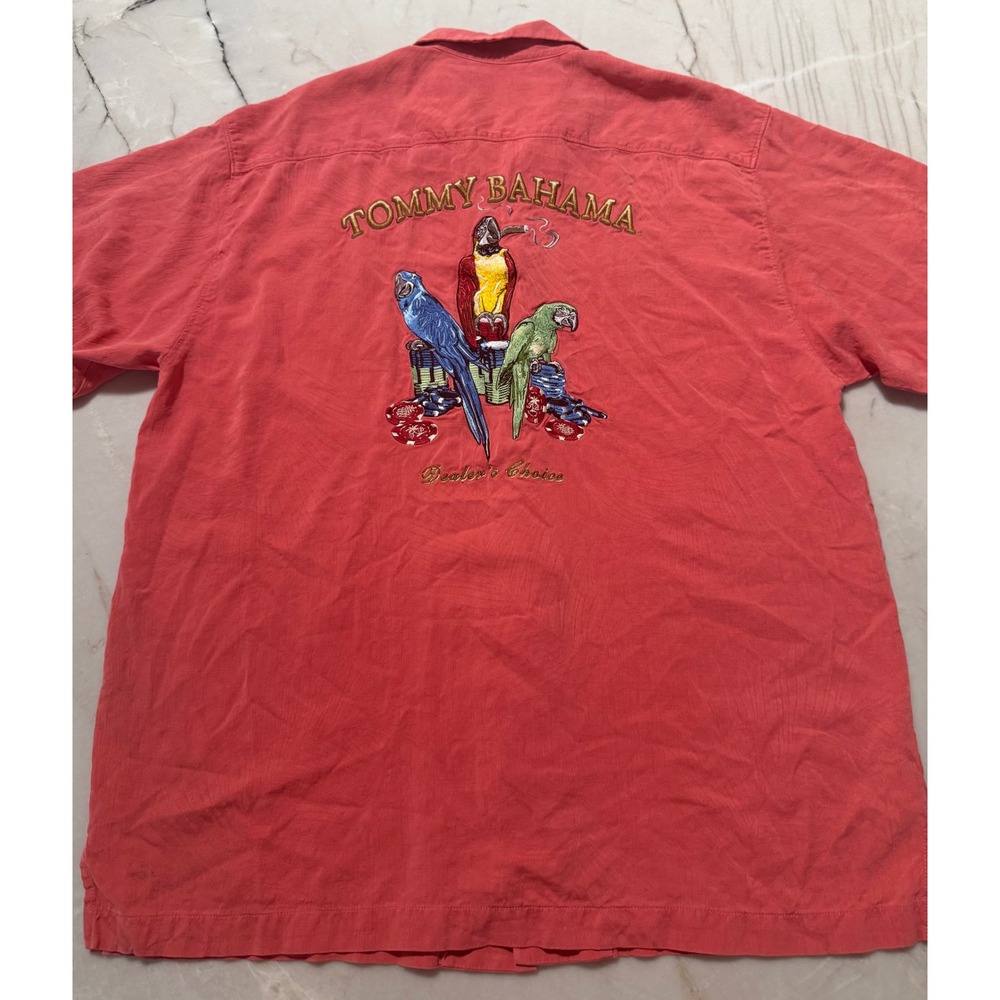 Tommy Bahama Dealers Choice Silk Shirt Large L Coral Parrots Cigar Poker Camp